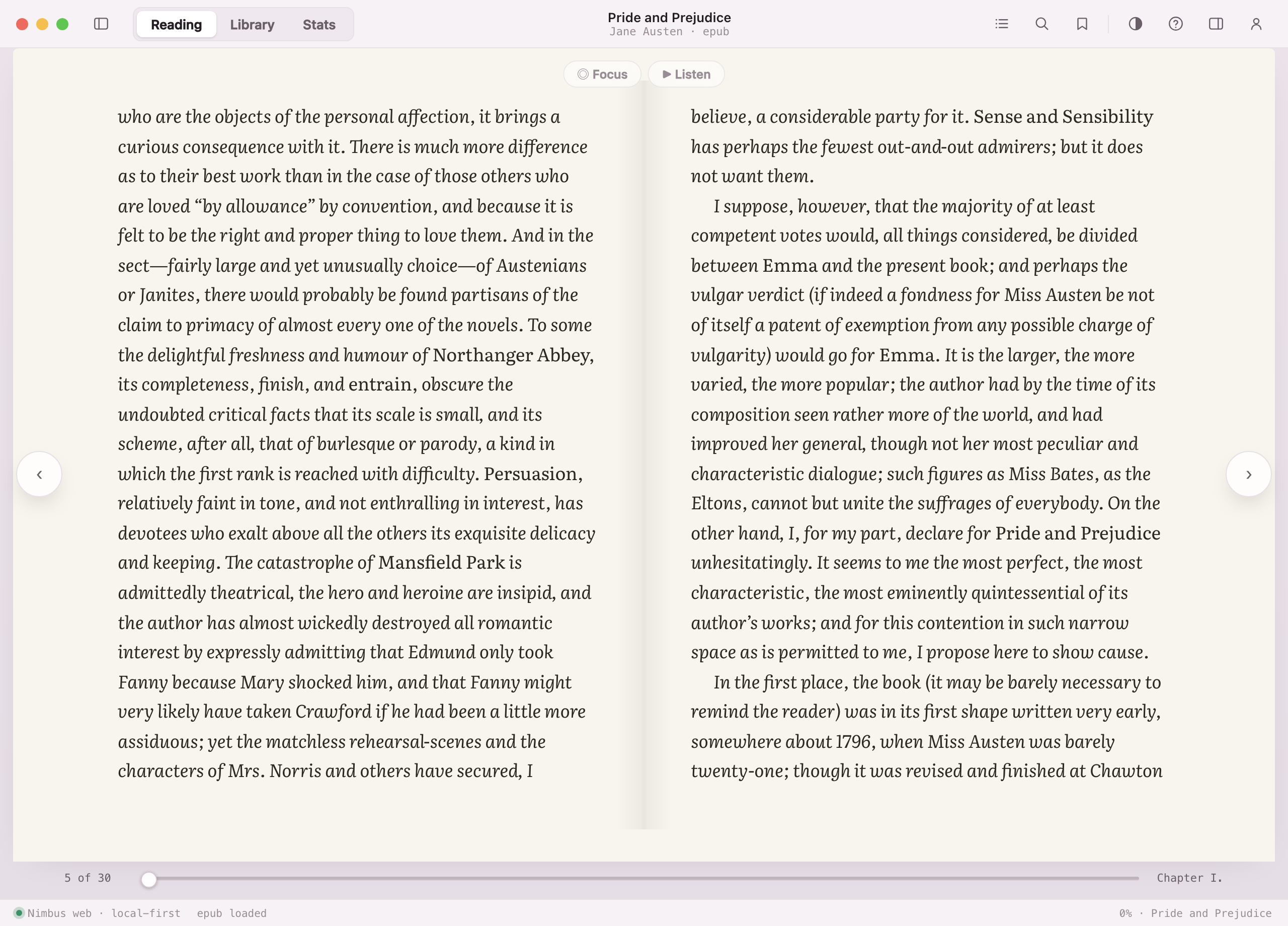 The Nimbus reader open to a book, with its calm typographic reading view.